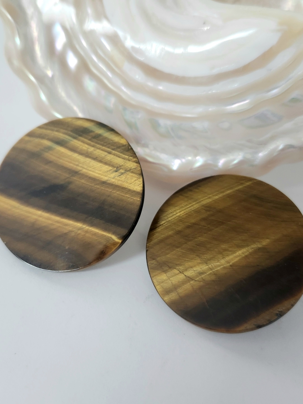 Large Golden Brown Round Tiger's Eye Stone Discs Stud Earrings Statement Jewelry